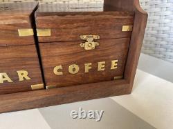 Spice Storage Box Set Tea Coffee Sugar Brass Inlay Hinges Brown Wooden Retro