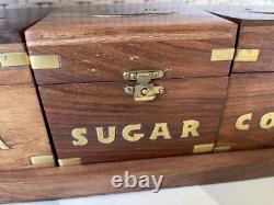 Spice Storage Box Set Tea Coffee Sugar Brass Inlay Hinges Brown Wooden Retro