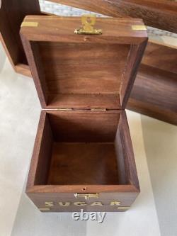 Spice Storage Box Set Tea Coffee Sugar Brass Inlay Hinges Brown Wooden Retro