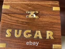 Spice Storage Box Set Tea Coffee Sugar Brass Inlay Hinges Brown Wooden Retro