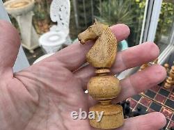 V Rare ANTIQUE Hand Carved FRENCH REGENCY Wooden CHESS SET C1890 BOX 3 1/2 King