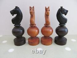 VINTAGE / ANTIQUE LARGE WOODEN TURNED CHESS SET COMPLETE IN INLAID BOX 95mm KING