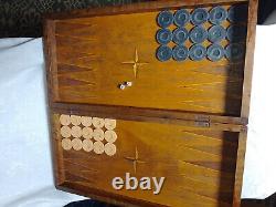 VINTAGE GAME WOODEN BOX BACKGAMMON CHESS With a FULL SET 32 Bakeli PIECES