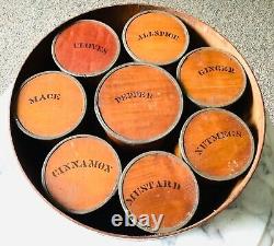 Very Early Original 1838 Round Wooden Shaker Type Spice Box Set 9 Wood Canisters