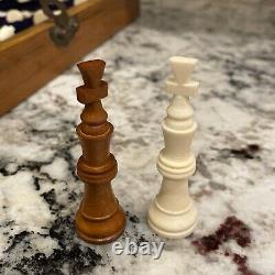 Vintage 13 Chess Set Game Wood Folding Box Board Ivory King 2.5
