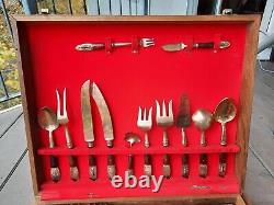 Vintage 144 PC Copper and Rosewood complete Cutlery set in Wooden Box