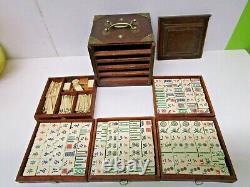 Vintage 1920's Bone & Bamboo Mah Jong Tile Set in Wooden Box