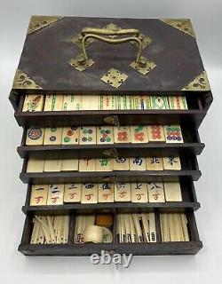Vintage 1920s Mahjong Bone & Bamboo Full Set In Wooden Box 144 Tiles, 120 Sticks