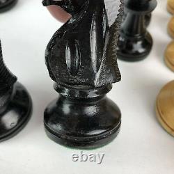 Vintage 1945 E S Lowe France Hand Carved Chess Set Men Chessmen Wood Box