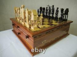 Vintage African Chess Set And Large Compedium Games Box Madagascar Merina Tribe