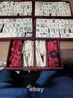 Vintage/Antique Asian Mah Jong Game Set Bone & Bamboo Tiles Wooden Box