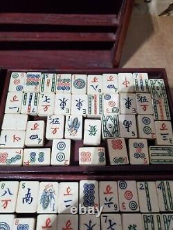 Vintage/Antique Asian Mah Jong Game Set Bone & Bamboo Tiles Wooden Box