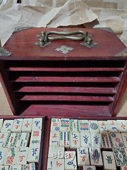 Vintage/Antique Asian Mah Jong Game Set Bone & Bamboo Tiles Wooden Box