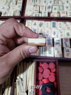 Vintage/Antique Asian Mah Jong Game Set Bone & Bamboo Tiles Wooden Box