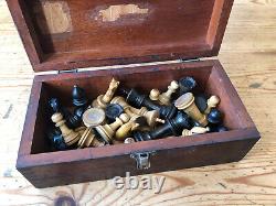 Vintage Antique Wooden Chess Set & Box, VGC, King 80mm