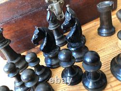 Vintage Antique Wooden Chess Set & Box, VGC, King 80mm