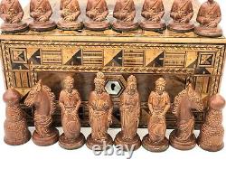 Vintage Arabian Nights Chess Set / Ornate Wooden Box / Resin Pieces 10cm