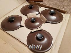 Vintage BNIB Le Creuset 5 Brown Saucepan Set & Wooden Stand RARE to see Boxed