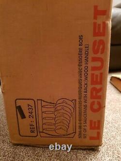 Vintage BNIB Le Creuset 5 Brown Saucepan Set & Wooden Stand RARE to see Boxed