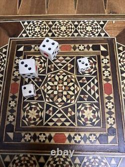 Vintage Backgammon Set with Inlaid Mother of Pearl Foldable Handmade Wooden Box