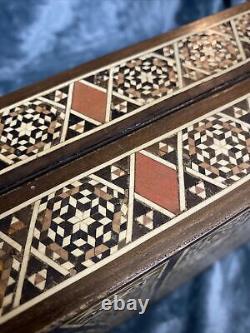 Vintage Backgammon Set with Inlaid Mother of Pearl Foldable Handmade Wooden Box