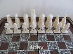 Vintage Bone Chess Set In A Folding Wooden Box & Backgammon Board Handmade Egypt