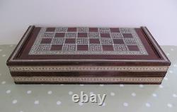 Vintage Bone Chess Set In A Folding Wooden Box & Backgammon Board Handmade Egypt
