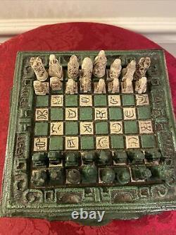 Vintage Carved Chess Box Set From Cancun Mexico Aztec Design Wooden Box