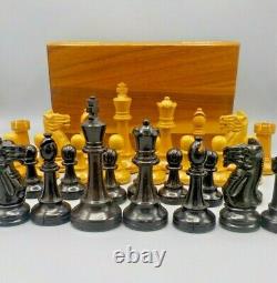 Vintage Carved Wood Chess Pieces Set withWalnut Box Staunton France or Repro 4.25