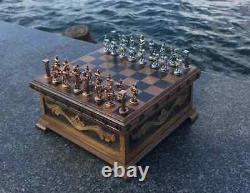 Vintage Chess Set Handcrafted Puzzle Box Wooden and Roman War metal Chess Pieces