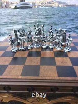 Vintage Chess Set Handcrafted Puzzle Box Wooden and Roman War metal Chess Pieces