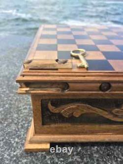 Vintage Chess Set Handcrafted Puzzle Box Wooden and Roman War metal Chess Pieces