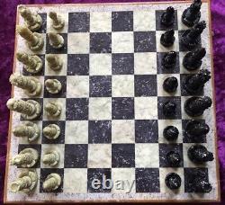 Vintage Chess Set Pieces And Wooden Box With Inlaid Board 1.3kg 26x26cm