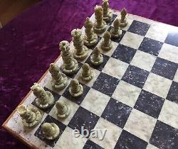 Vintage Chess Set Pieces And Wooden Box With Inlaid Board 1.3kg 26x26cm