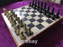 Vintage Chess Set Pieces And Wooden Box With Inlaid Board 1.3kg 26x26cm