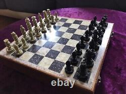 Vintage Chess Set Pieces And Wooden Box With Inlaid Board 1.3kg 26x26cm