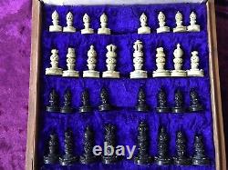 Vintage Chess Set Pieces And Wooden Box With Inlaid Board 1.3kg 26x26cm