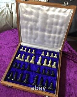 Vintage Chess Set Pieces And Wooden Box With Inlaid Board 1.3kg 26x26cm