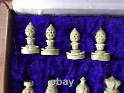 Vintage Chess Set Pieces And Wooden Box With Inlaid Board 1.3kg 26x26cm