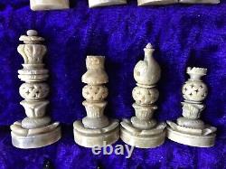 Vintage Chess Set Pieces And Wooden Box With Inlaid Board 1.3kg 26x26cm