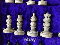 Vintage Chess Set Pieces And Wooden Box With Inlaid Board 1.3kg 26x26cm