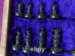 Vintage Chess Set Pieces And Wooden Box With Inlaid Board 1.3kg 26x26cm