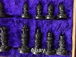 Vintage Chess Set Pieces And Wooden Box With Inlaid Board 1.3kg 26x26cm