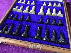 Vintage Chess Set Pieces And Wooden Box With Inlaid Board 1.3kg 26x26cm