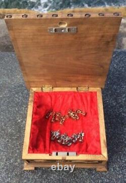 Vintage Chess Set Puzzle Box Wooden with Trojan War metal Chess Pieces