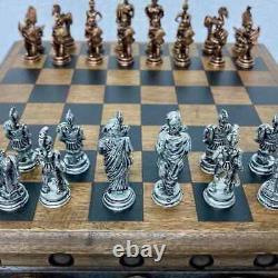 Vintage Chess Set Puzzle Box Wooden with Trojan War metal Chess Pieces