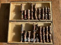 Vintage Chess Set with Wooden Box Board- Ceramic Playing Pieces- Aztec V Spain