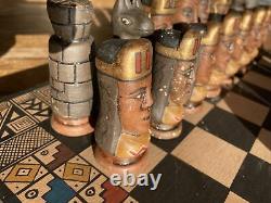 Vintage Chess Set with Wooden Box Board- Ceramic Playing Pieces- Aztec V Spain
