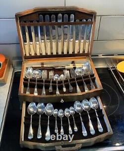 Vintage Cutlery Cantered Chrome Plate Firth Wooden Box c/w Key 52 Pce
