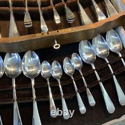 Vintage Cutlery Cantered Chrome Plate Firth Wooden Box c/w Key 52 Pce